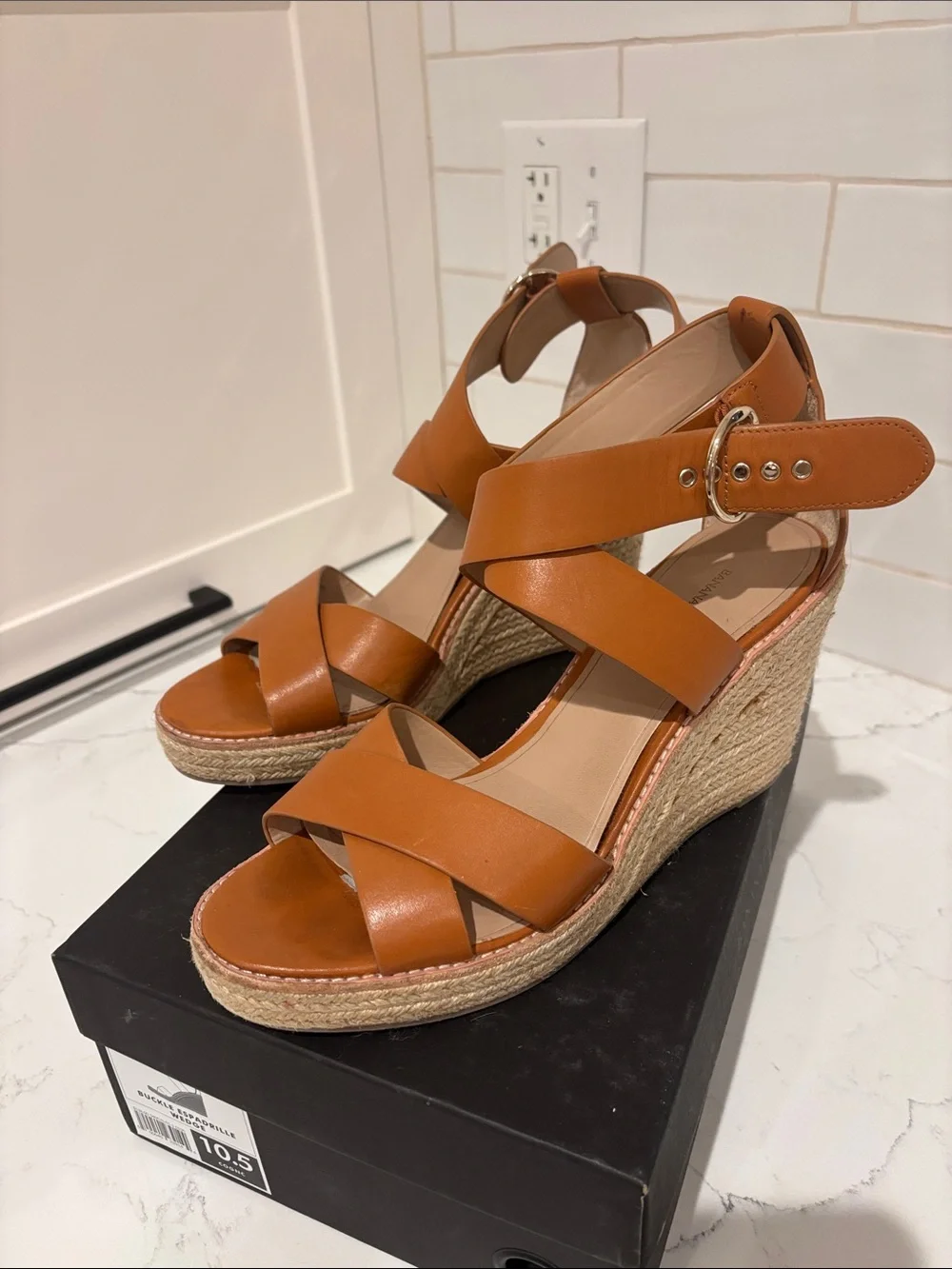 Banana Republic Cognac Leather Espadrille Wedge Sandals